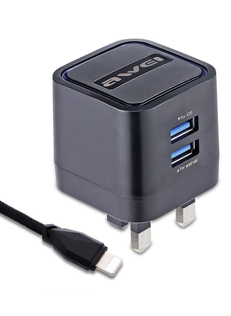 محول شحن متعدد الاستخدامات سريع للسفر بقدرة 5 فولت، ومنفذ USB مزدوج، ومقبس بريطاني بسلك 8 دبوس أسود