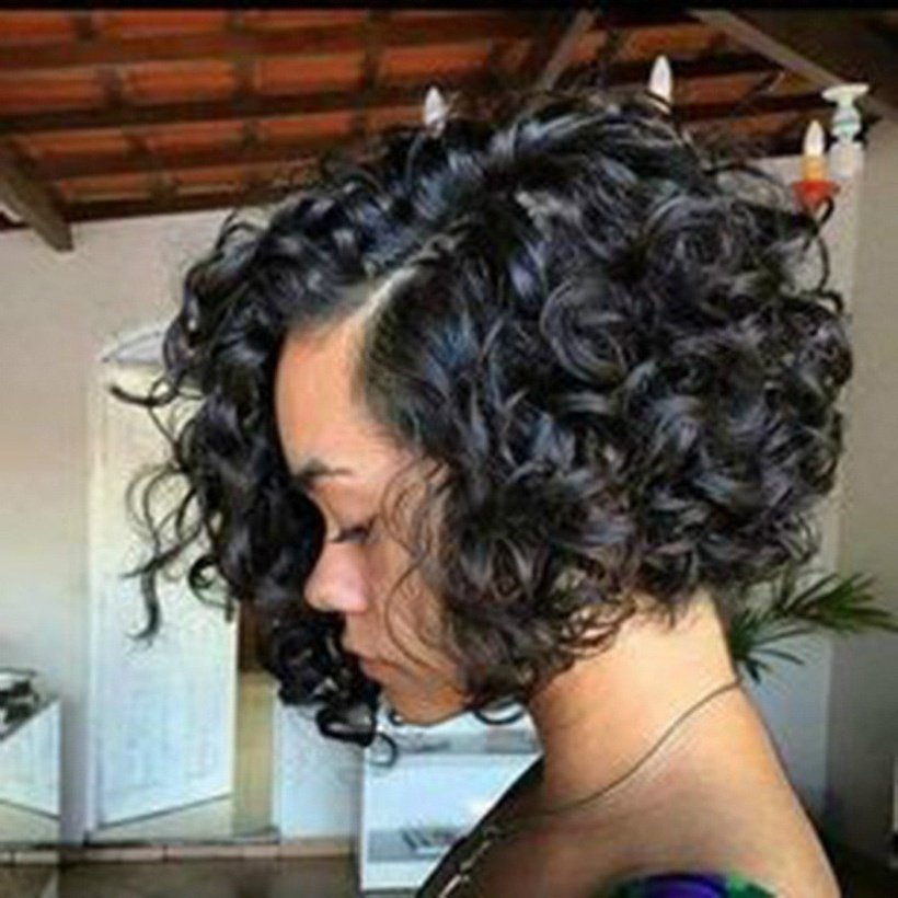 أزياء المرأة الألياف الجانب نقاط قصيرة شعر مستعار مجعد