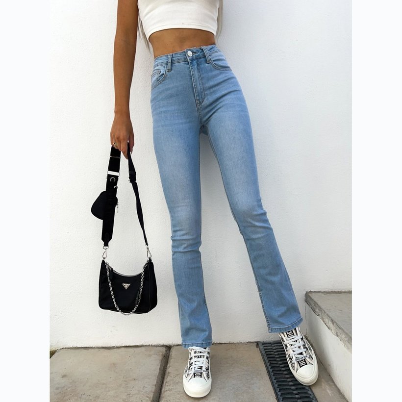 Fashion New Slit Hemline  بنطلون جينز دينم بلون نقي