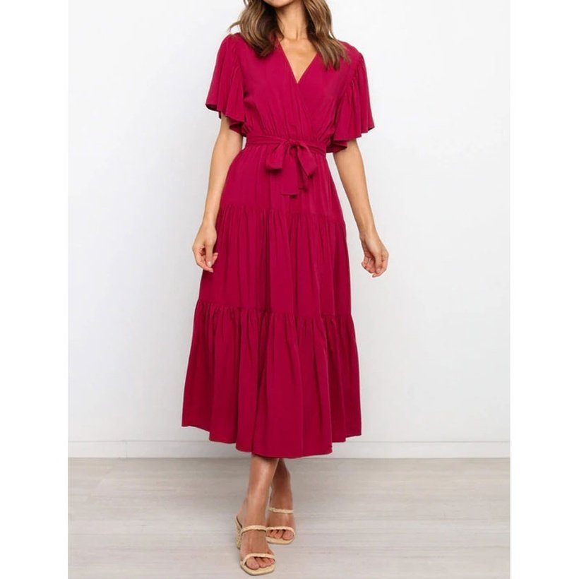 أزياء جديدة Vneck طباعة قصيرة الأكمام الخصر فستان طويل